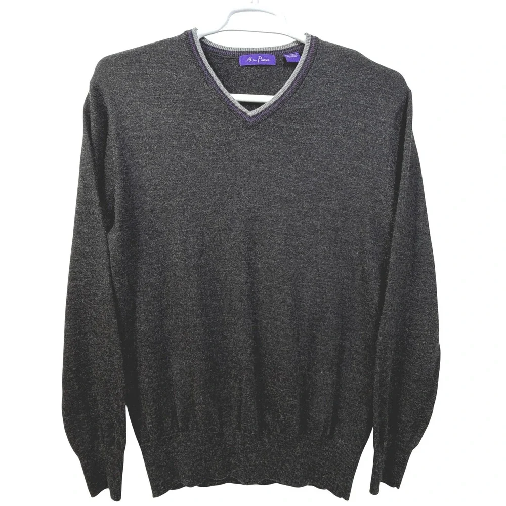 Alan Flusser Merino Wool Blend Sweater Mens L Charcoal Gray V-Neck Classic Knit